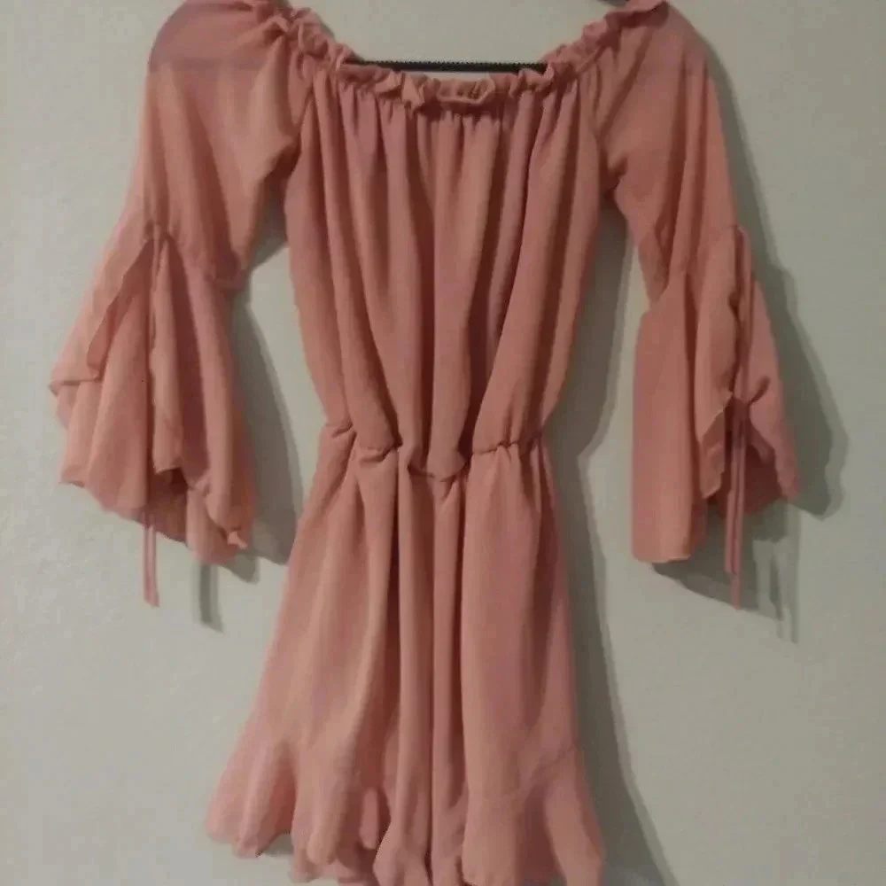 Papaya Pink‎ Off The Shoulder Romper Tiered Bell Sleeve Ruffle Hem Summer Boho